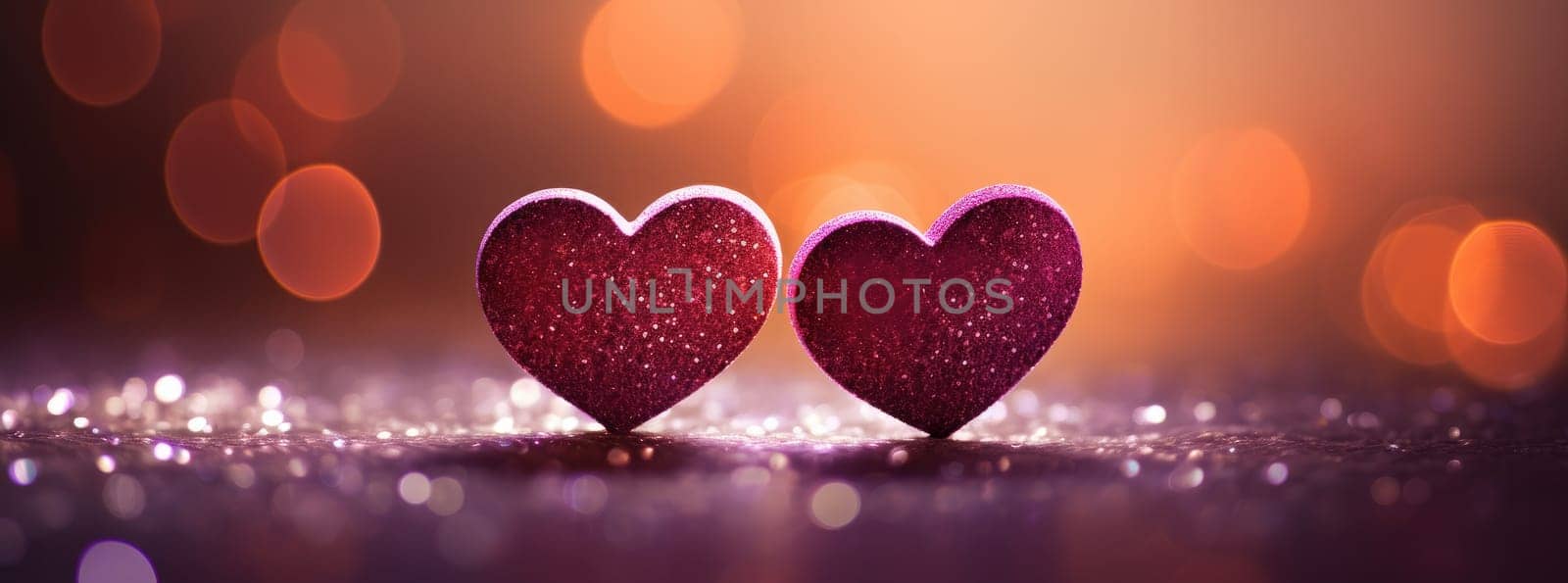 two hearts sitting on a glittery background.