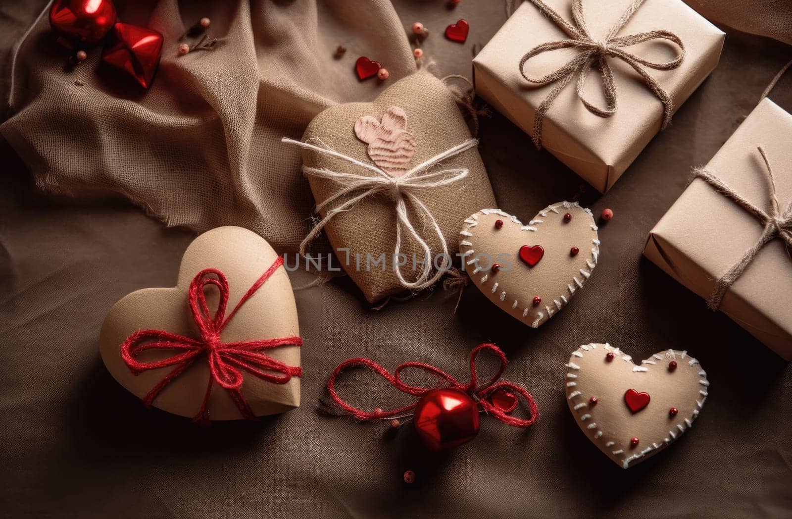 various heartshaped presents laid out on a wooden background.