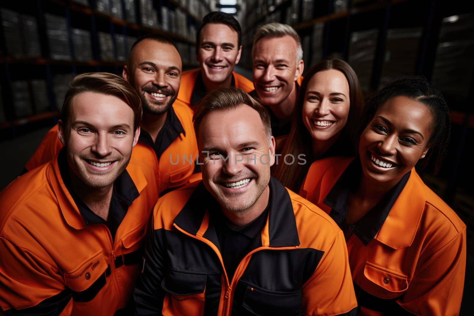 team of warehouse workers smiling.