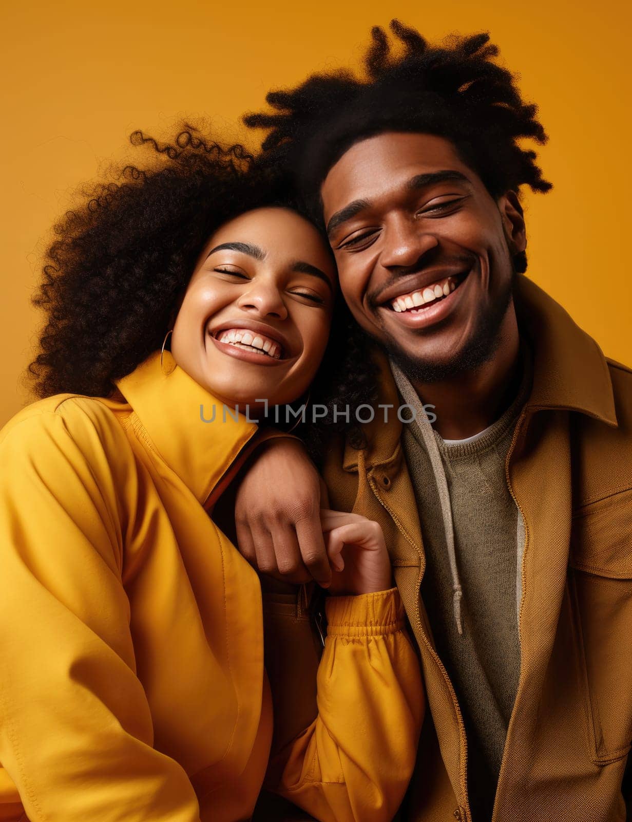 two black Americans hugging and smiling on a brown background.