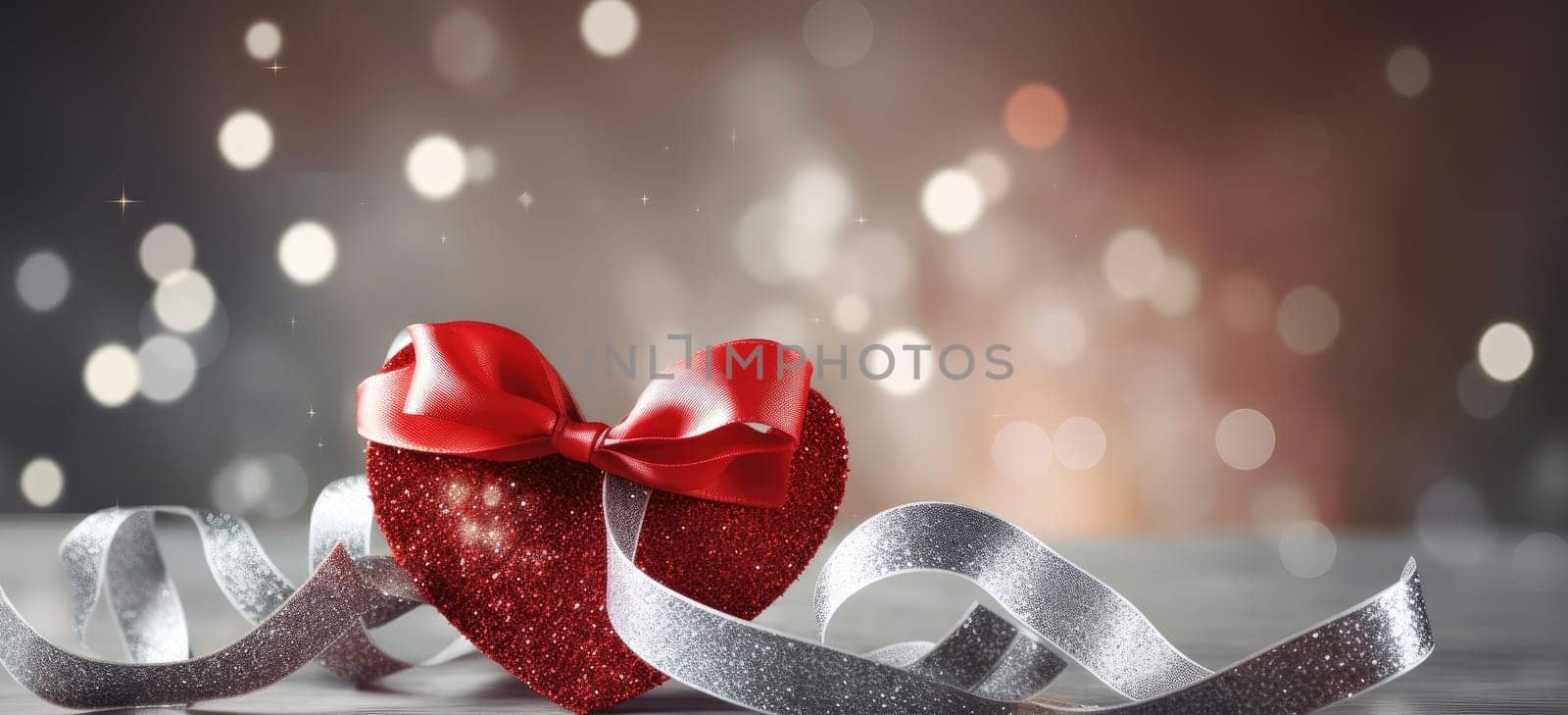 two hearts with ribbon on a grey background.