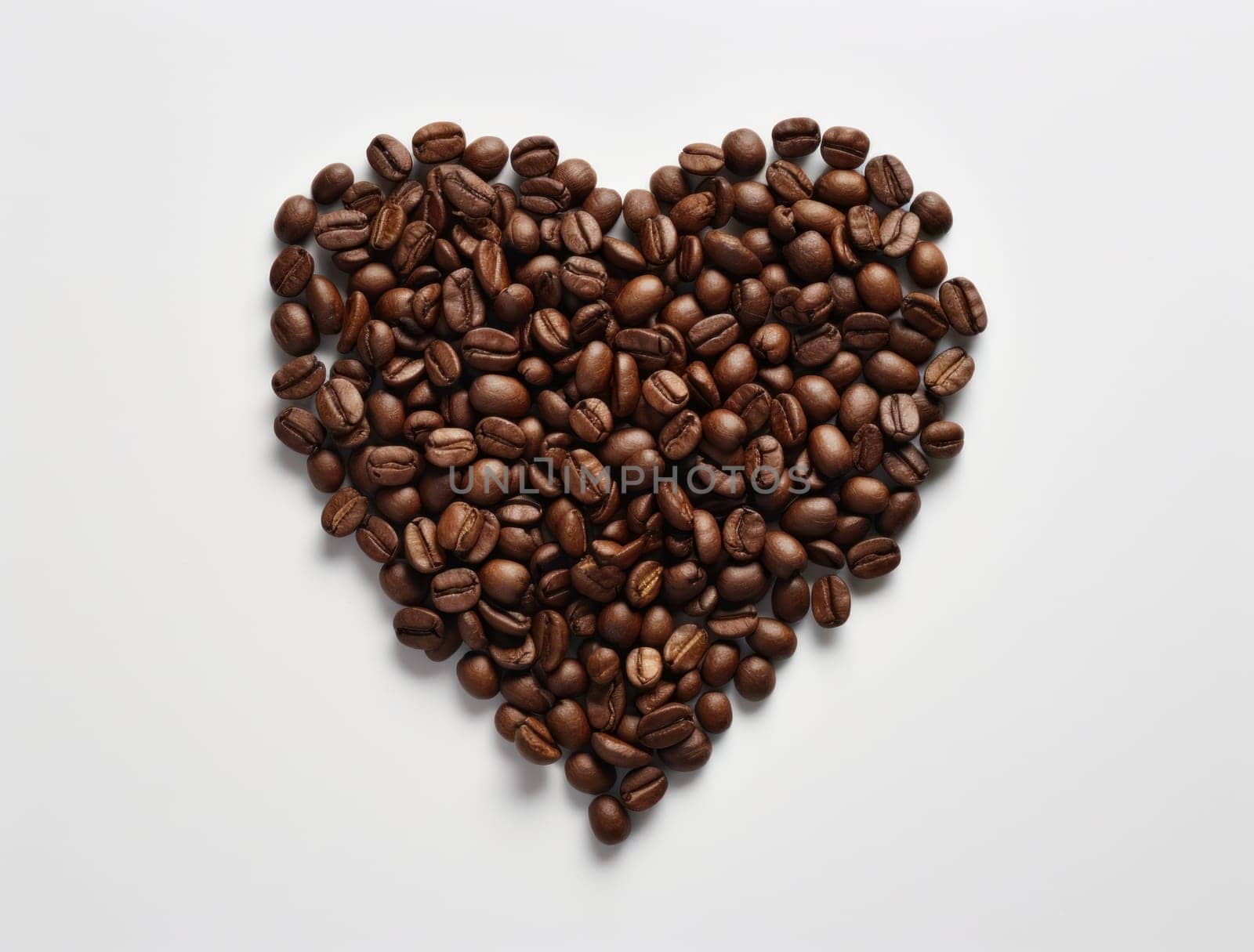 a heart of coffee beans was made on a white background.