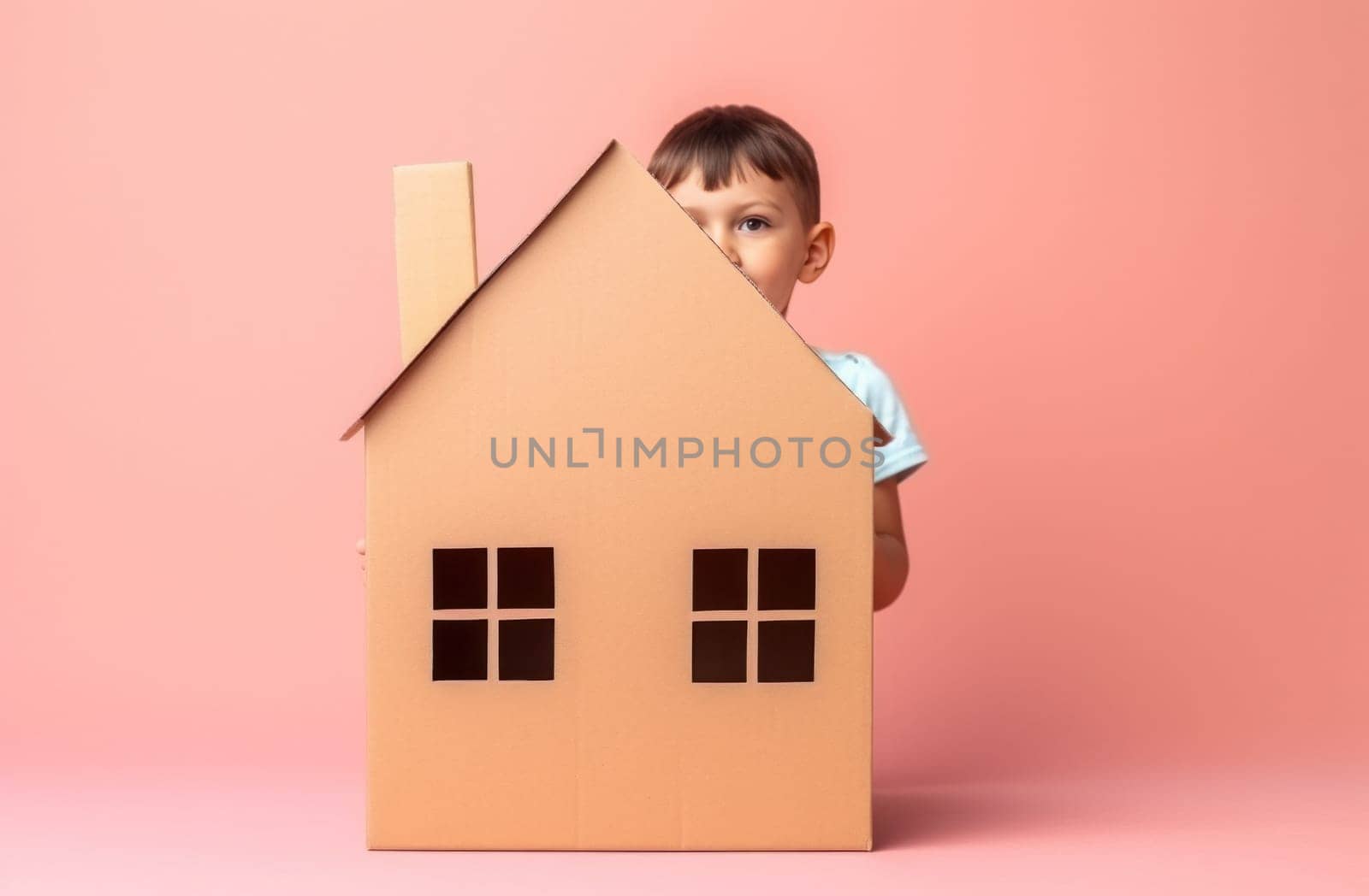 child holds paper cardboard house after moving in to a new home.