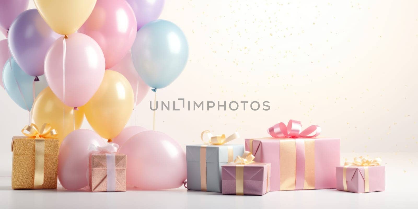 colorful balloons and birthday gift on a white table,.
