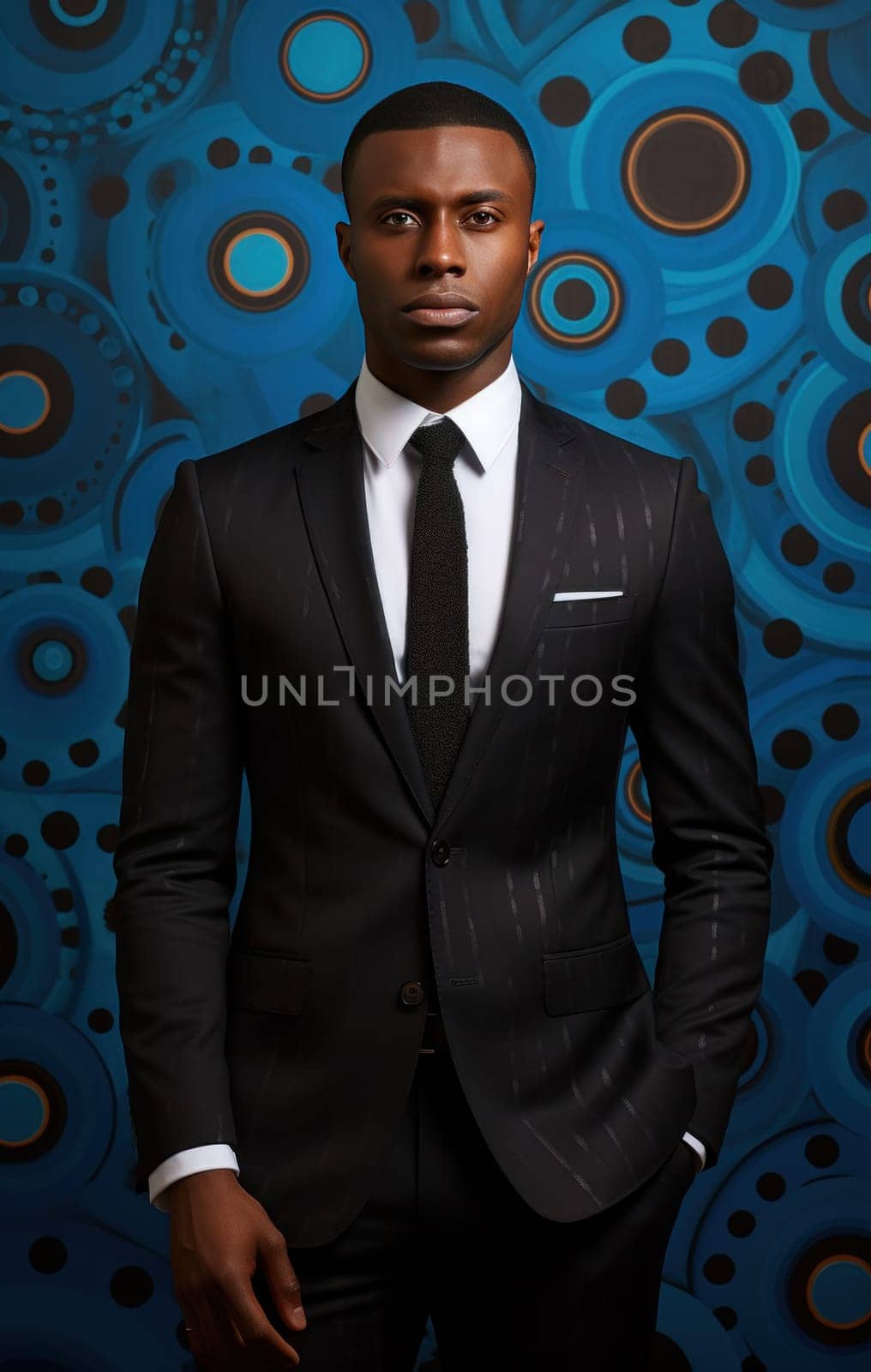 businessman from port harcourt, nigeria, standing in black suit and blue tie,.