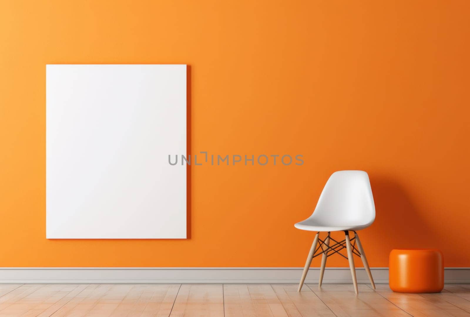 an orange chair and wooden table next to a blank canvas.