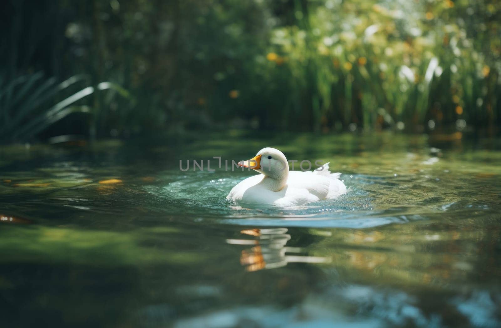 a white duck floating on the water.