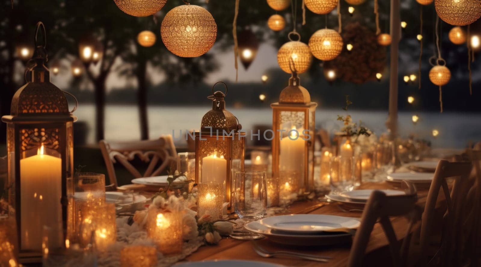dining and wedding space with many lanterns.