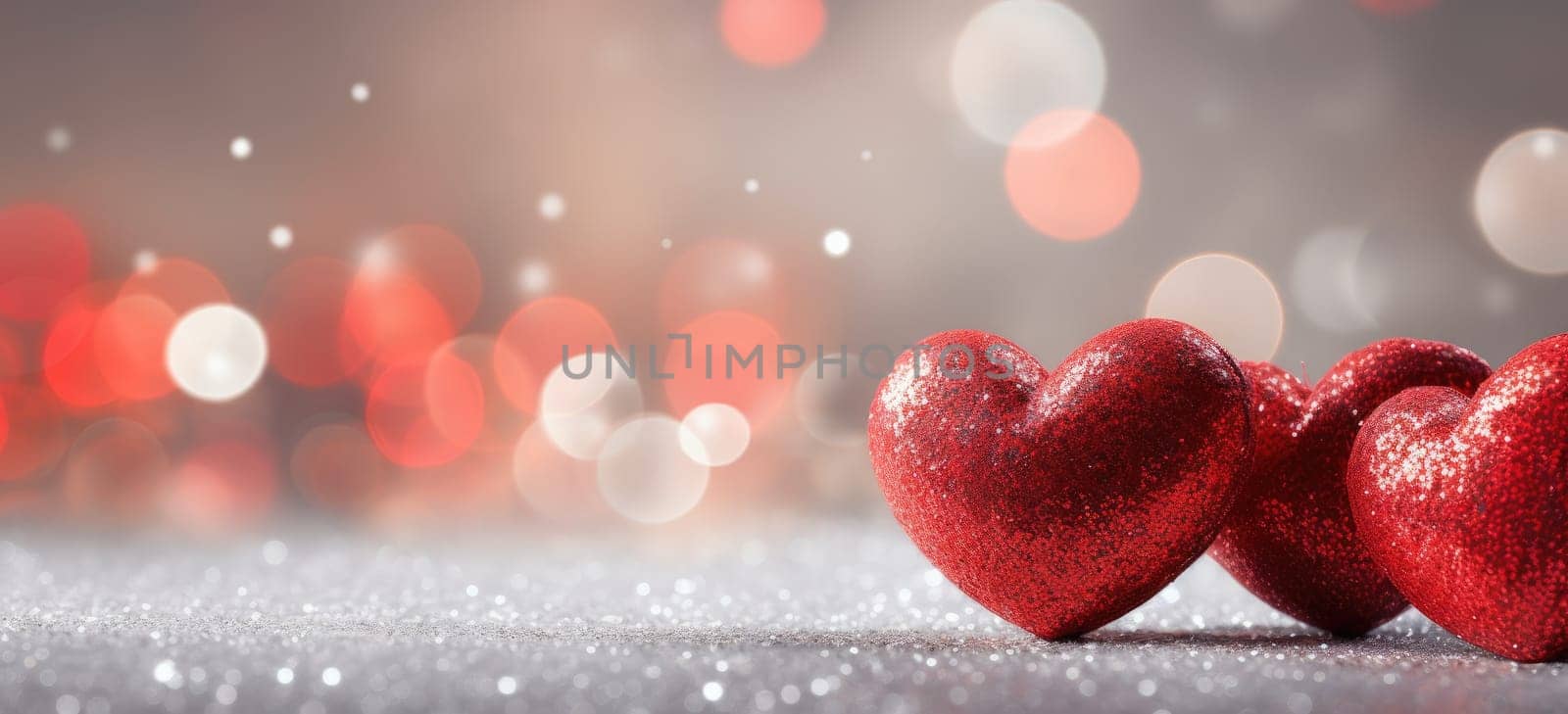 red heart balloons falling against a red backdrop.