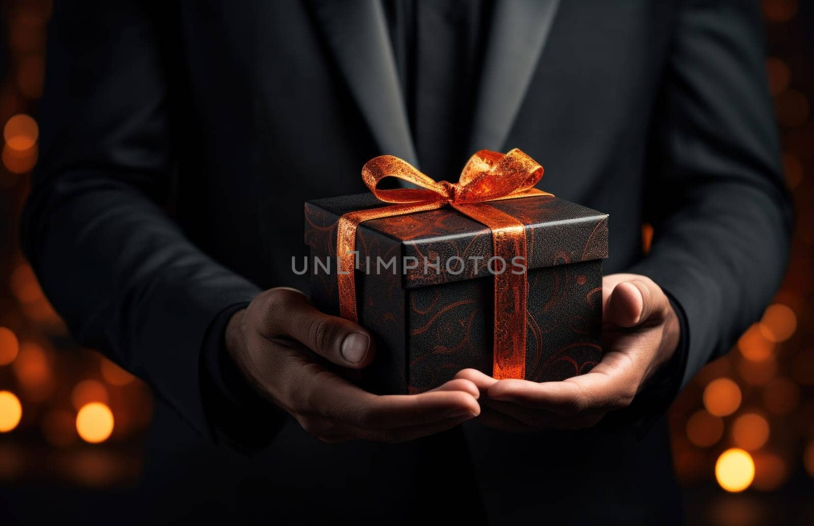 man in suit holding black gift box with red ribbon.