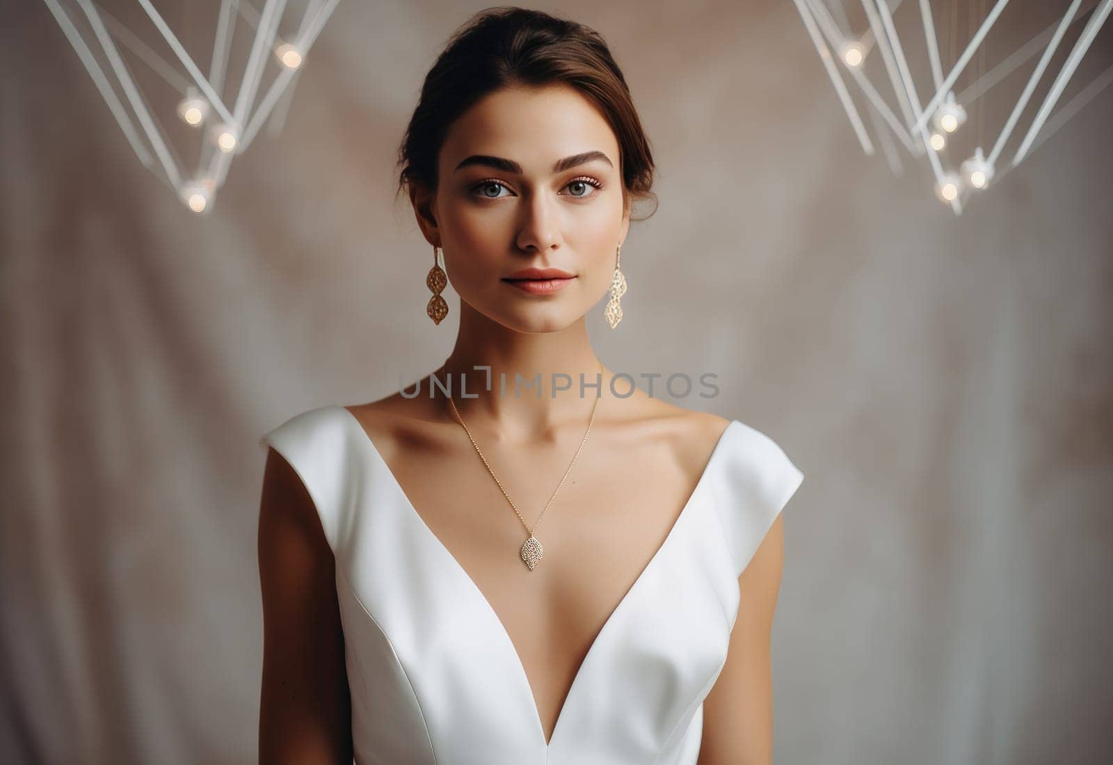 woman in a white dress with a necklace, posing for a portrait.