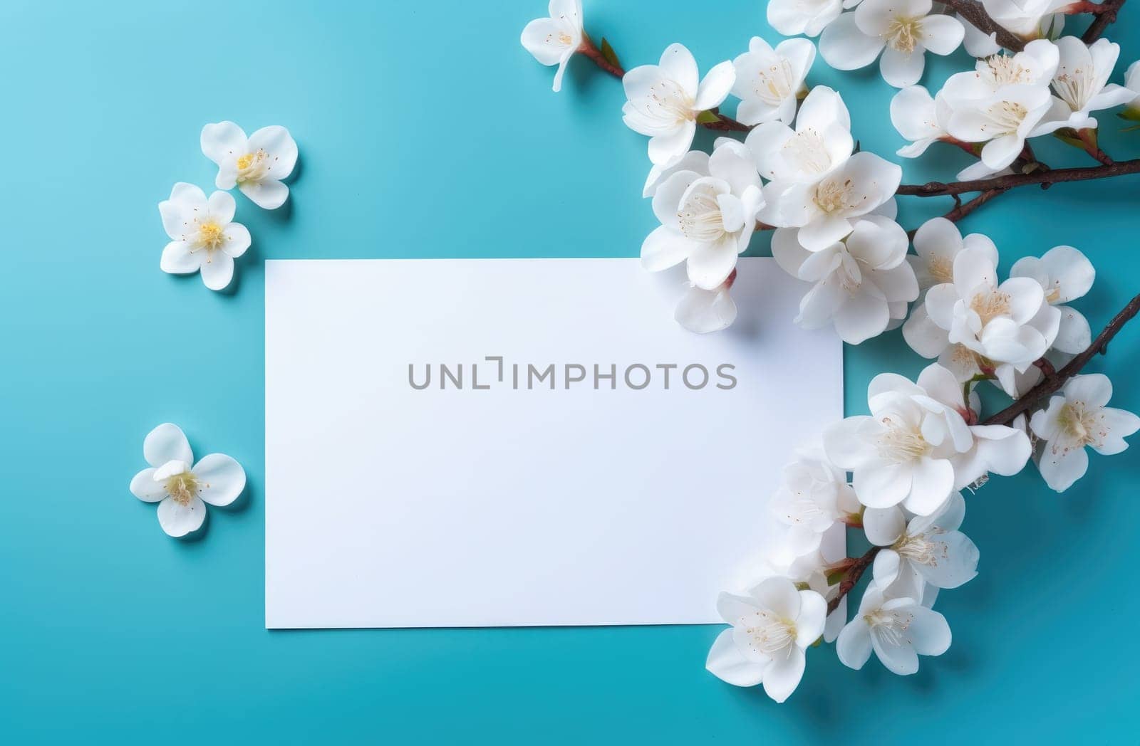 white invitations cards with flowers on a blue table.