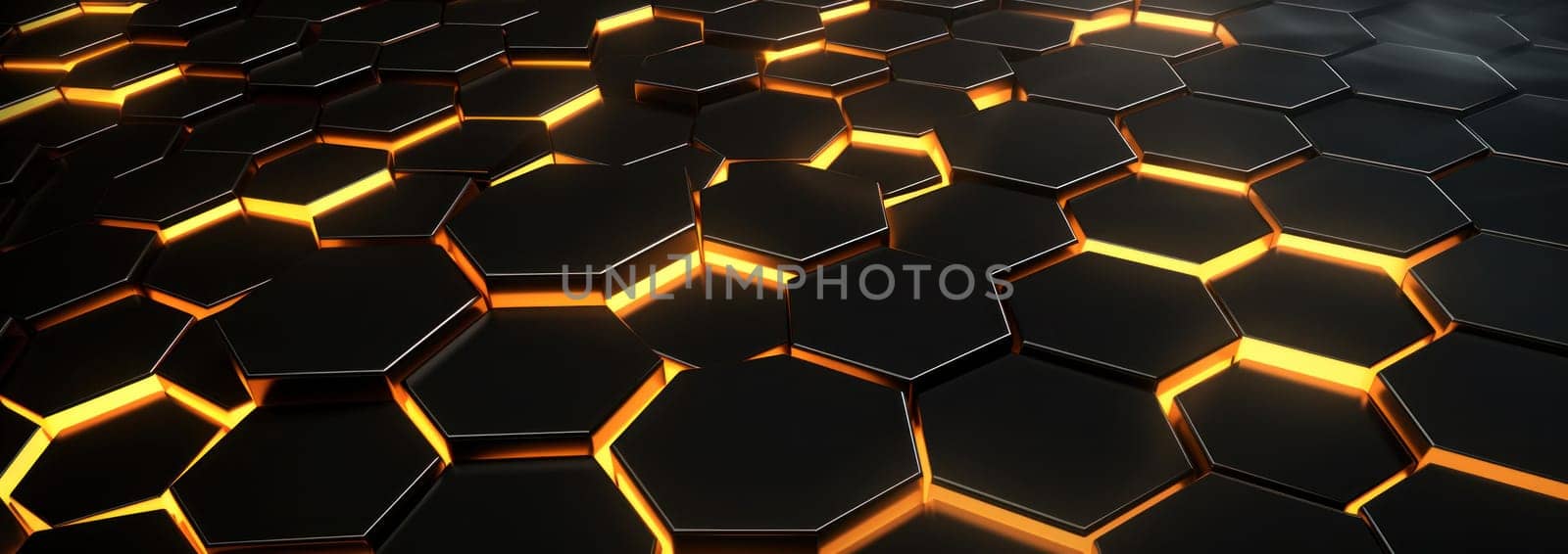 geometric hexagons and golden lights on a grey background.