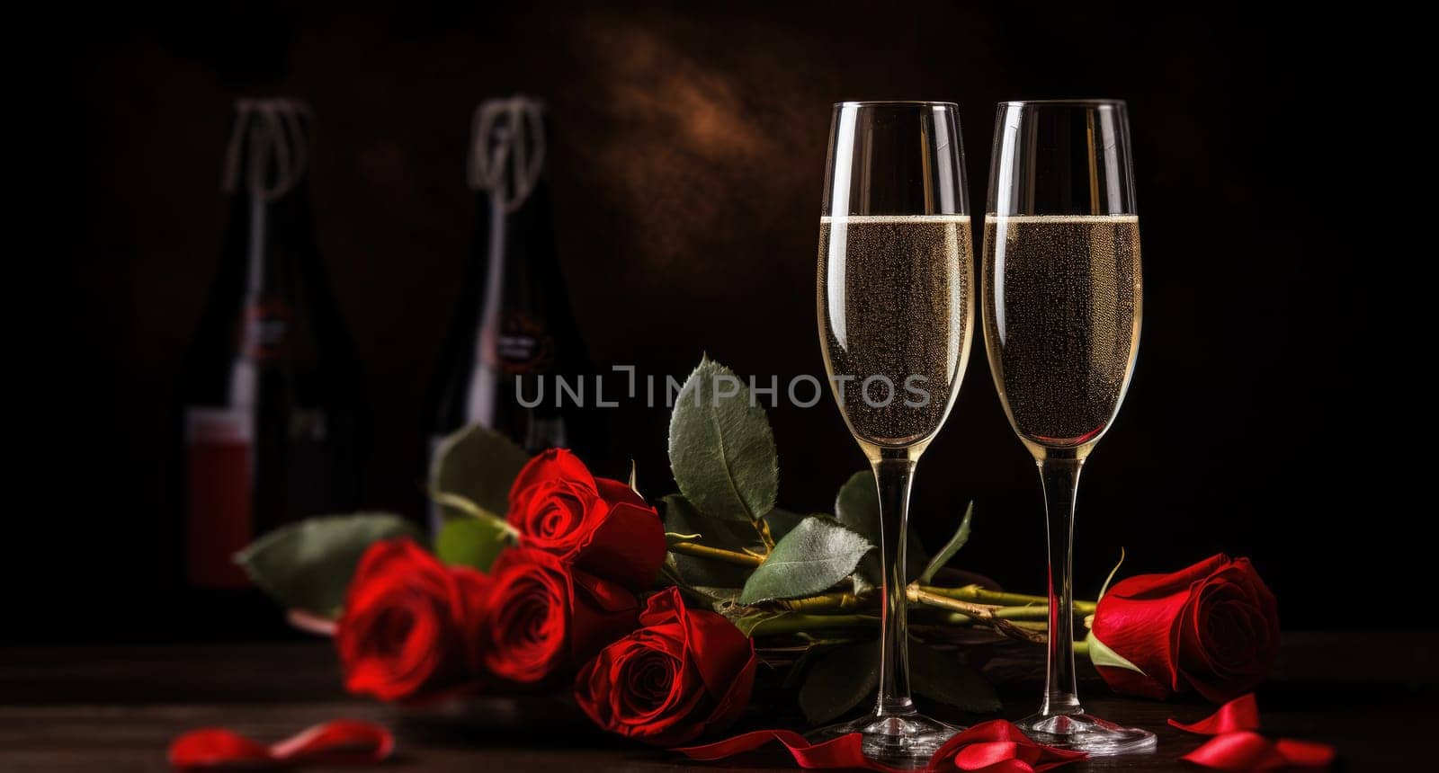 two champagne glasses and a red rose with a valentine's.