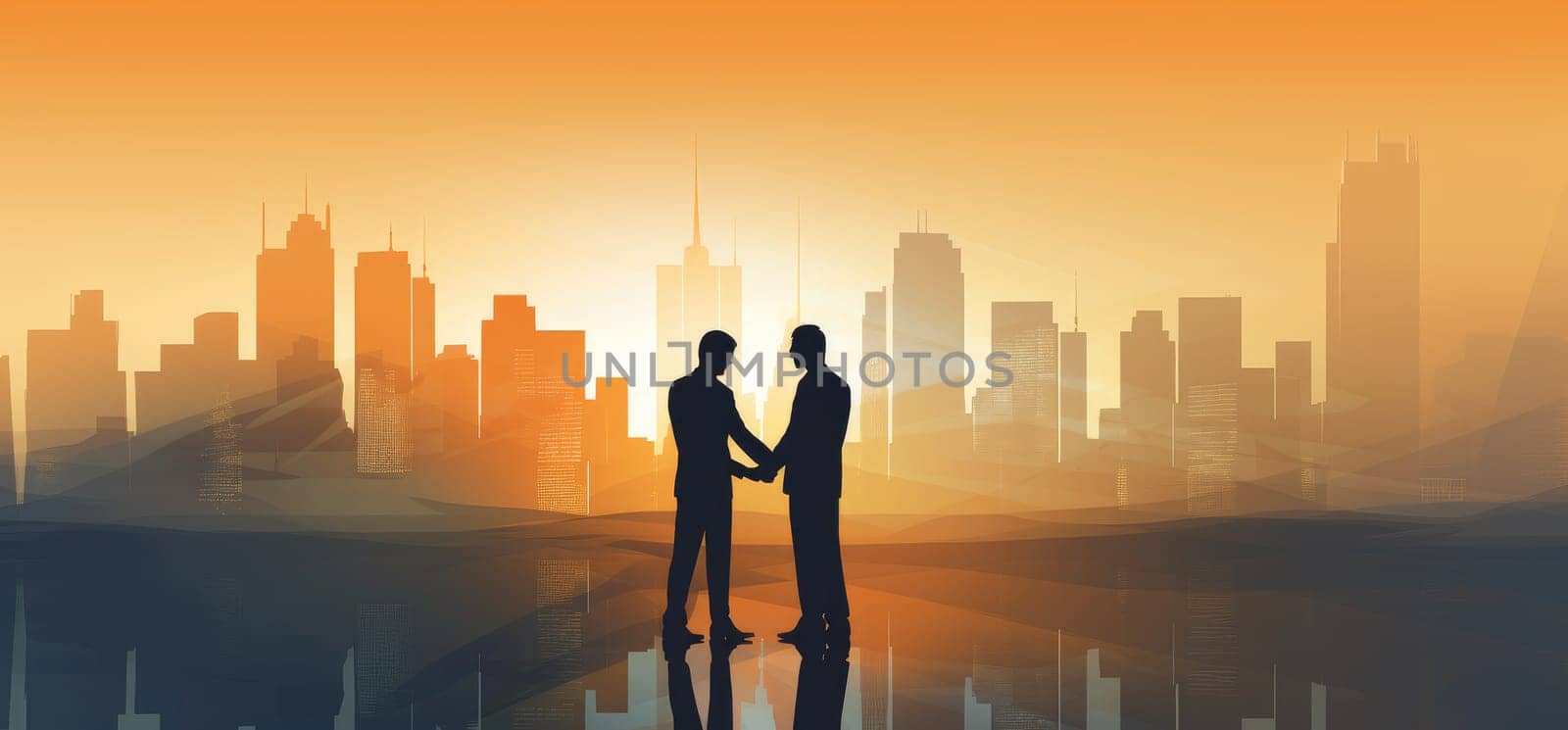 silhouetted business people shake hands in city landscape.