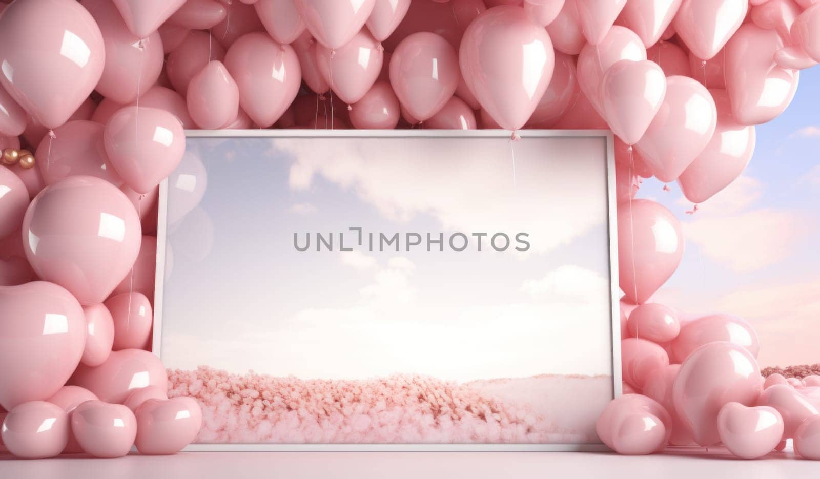 a background with balloons, gold hearts and pink decorations.