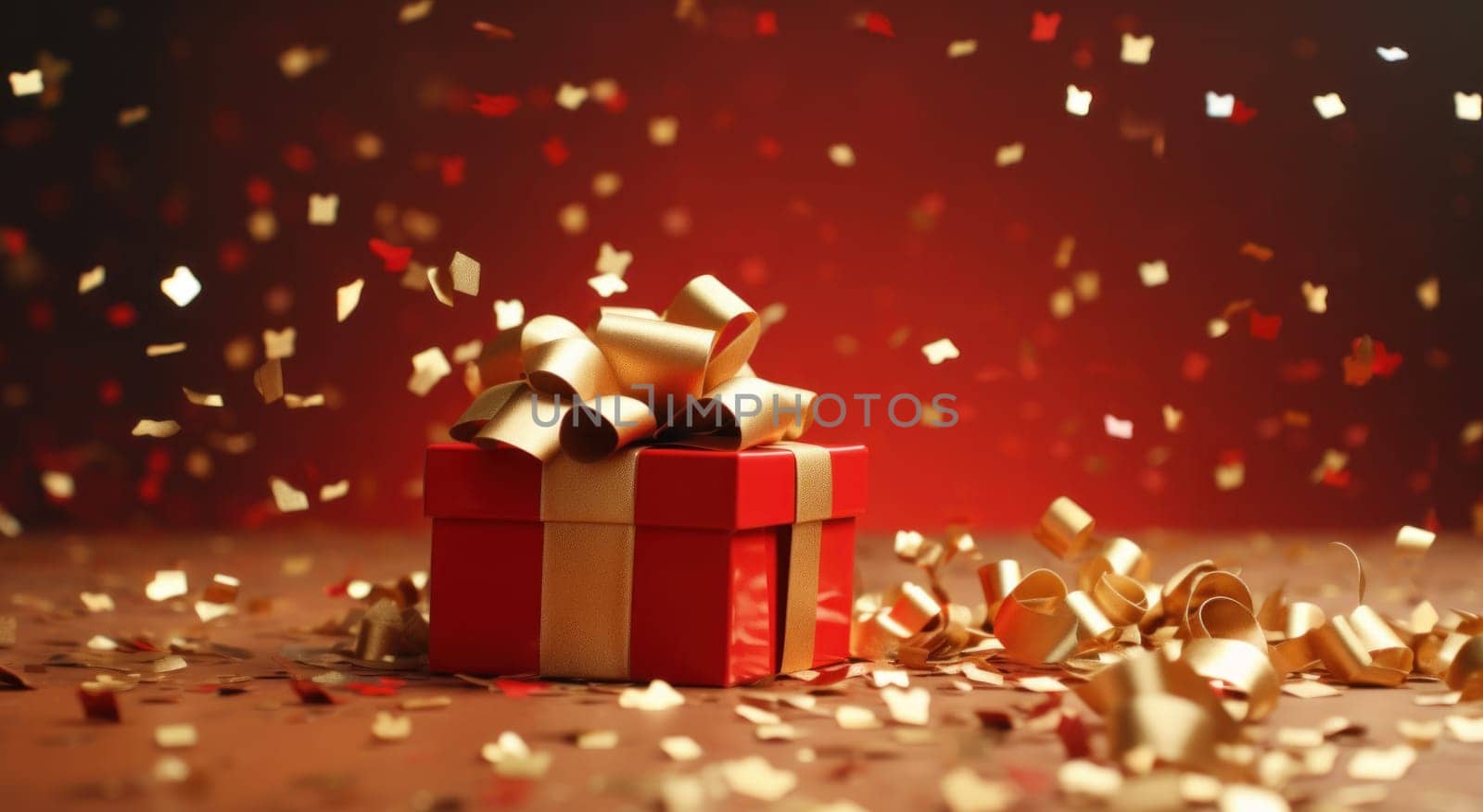 a christmas gift and confetti falling on a red background.