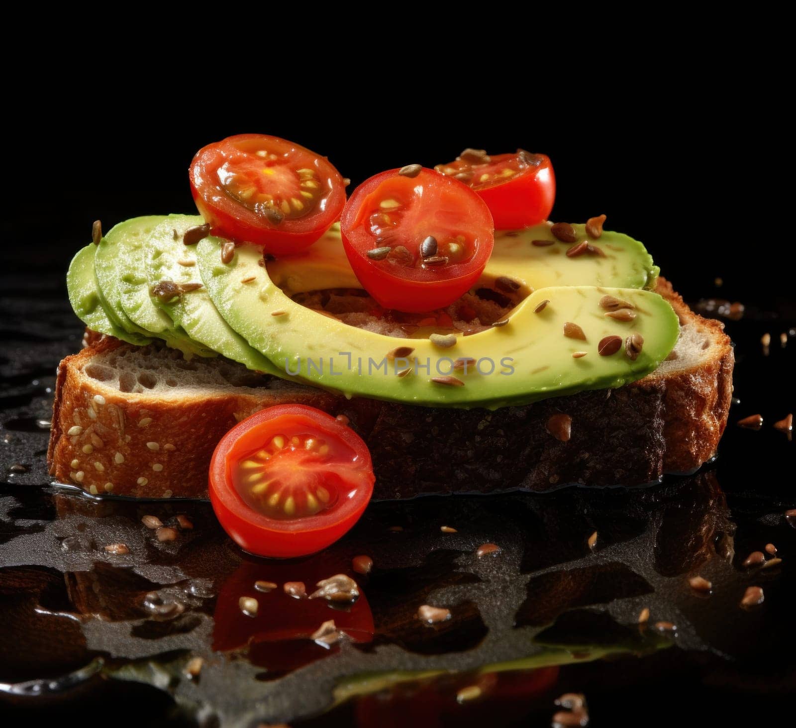 a slice of bread with a slice of avocado and tomatoes on it.