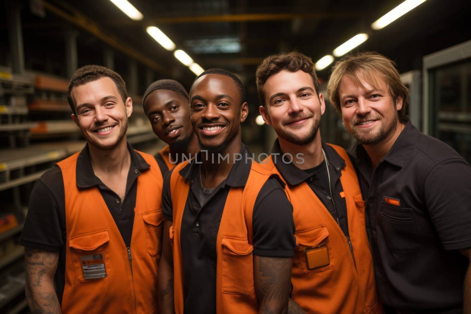a group of warehouse workers are laughing.