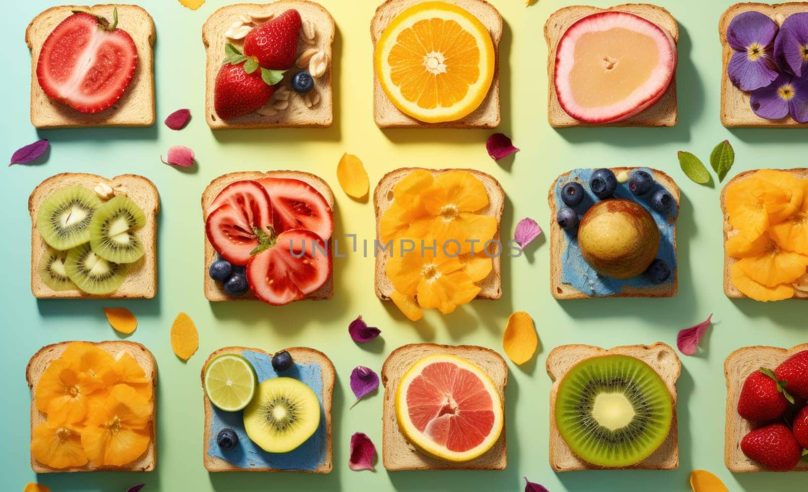 foods, fruit, vitamins and other things on toast.