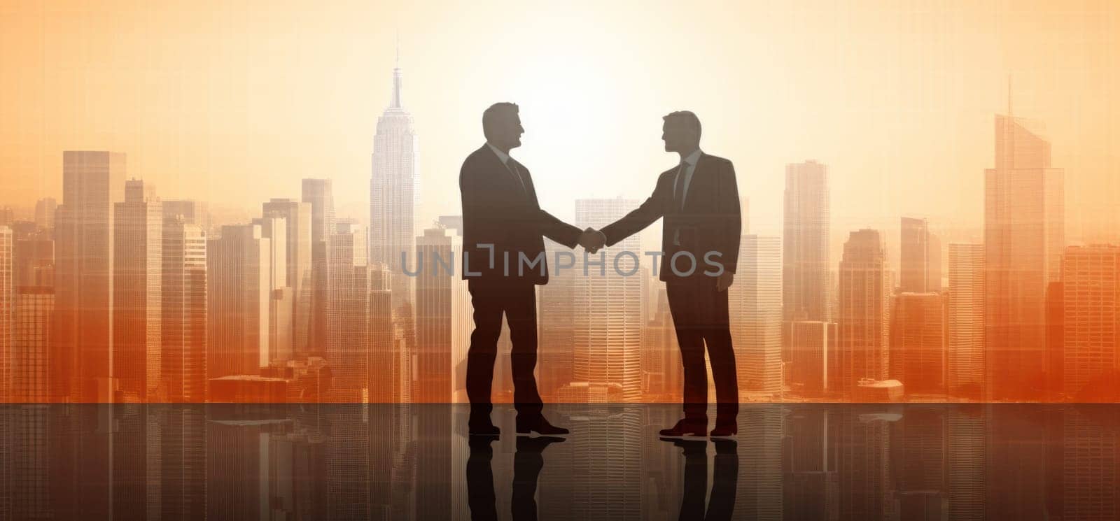 people shake hands in silhouette with city background.