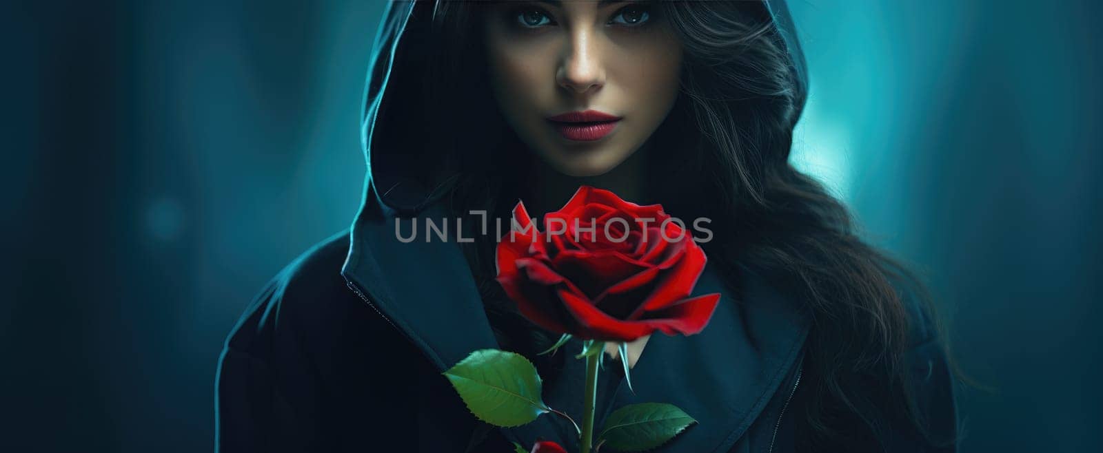 .the beautiful woman is holding a rose