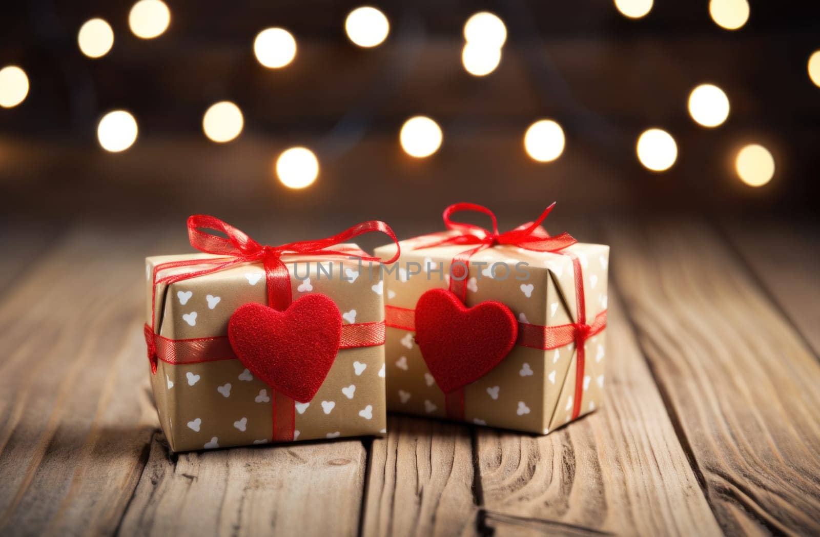 hearts, stars and valentine gifts on wood background.