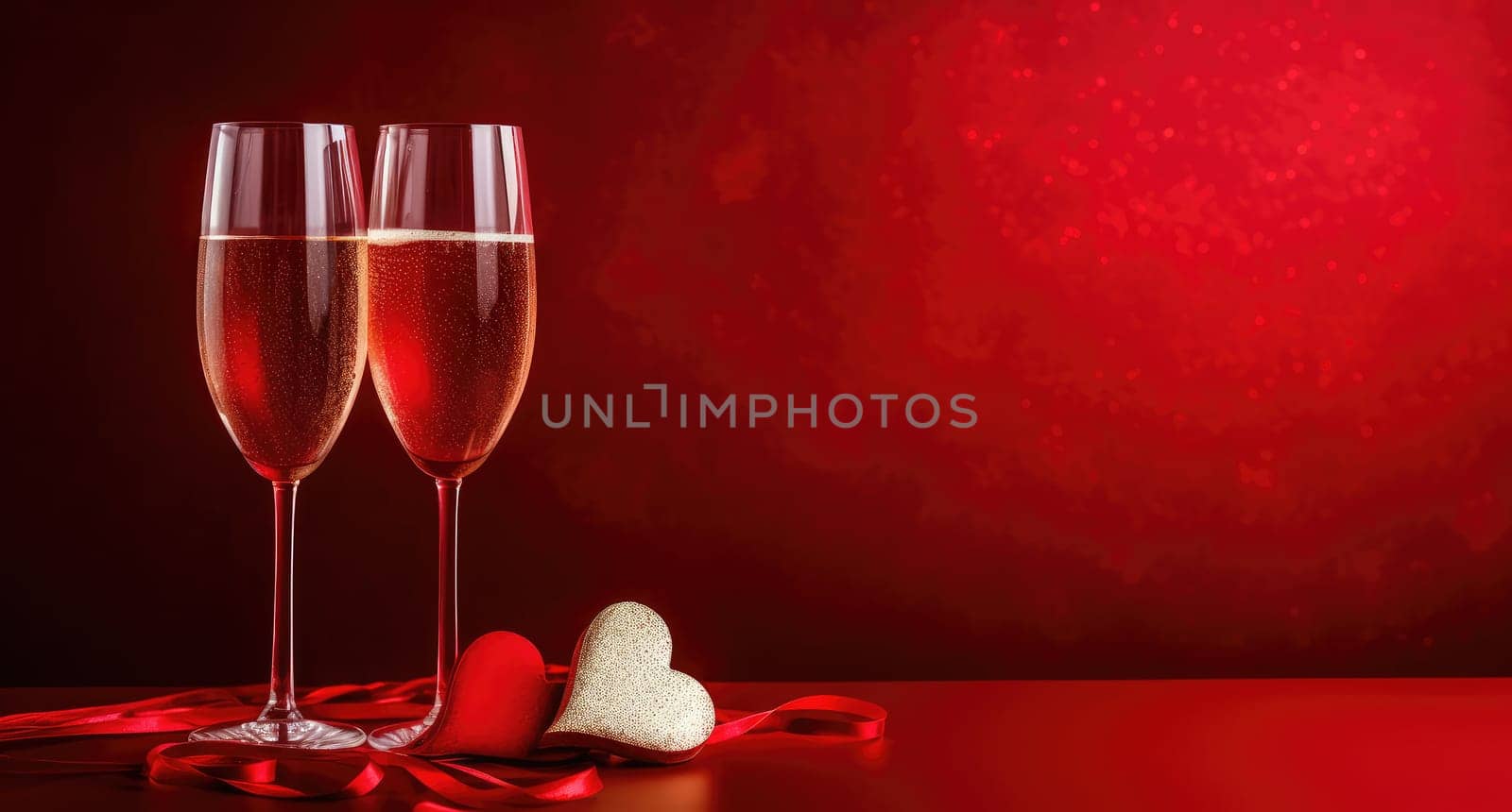 two glasses of champagne and a heart are on red background.