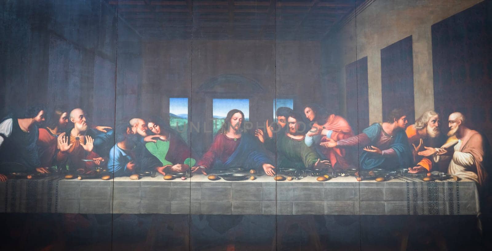 Turin, Italy - April, 2023: the painting of Last Supper in Duomo after Leonardo da Vinci by Vercellese Luigi Cagna, 1836