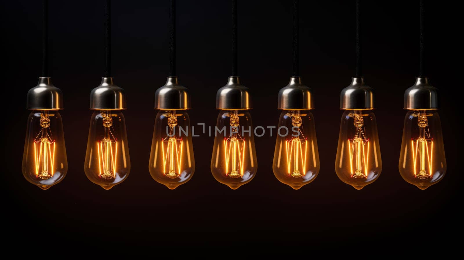 Vintage illuminated light bulbs in a row on dark background. - concept for new Ideas. artificial art