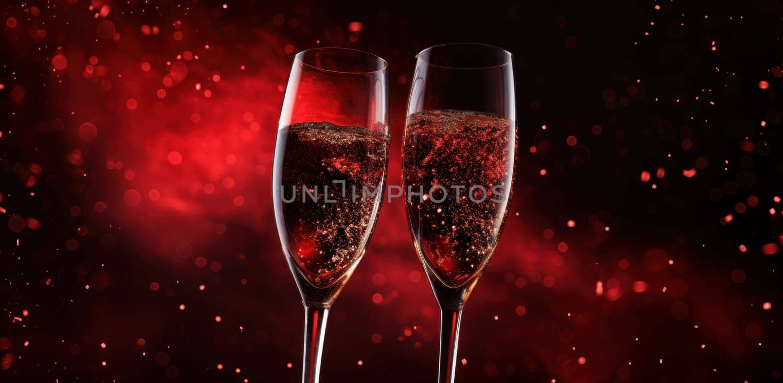 a pair of champagne glasses on a red night background.