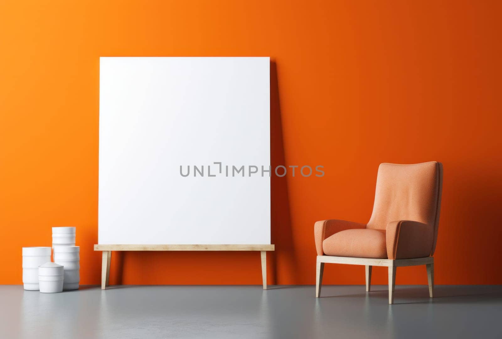 an orange chair and wooden table next to a blank canvas.