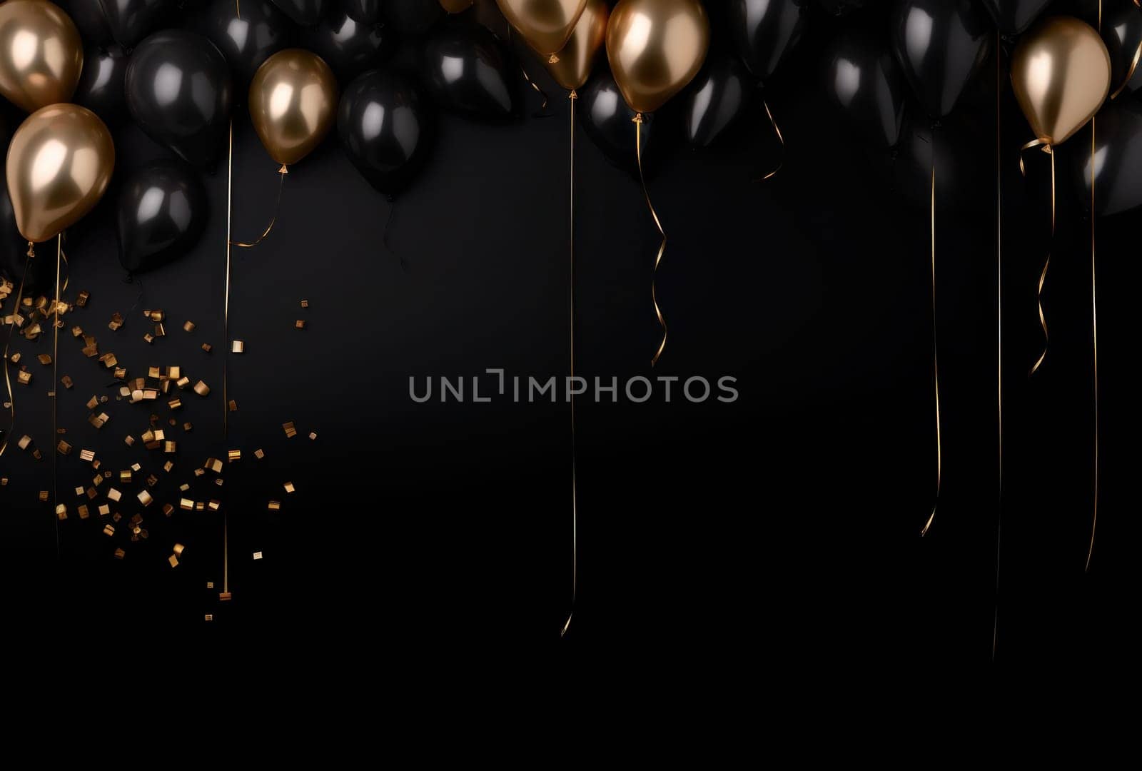 black background frame with gold and black balloons.