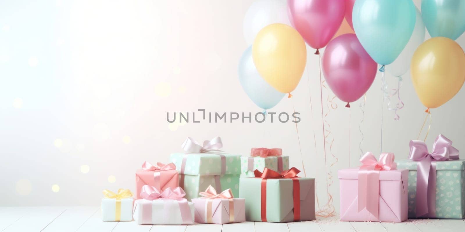 colorful balloons and birthday gift on a white table,.