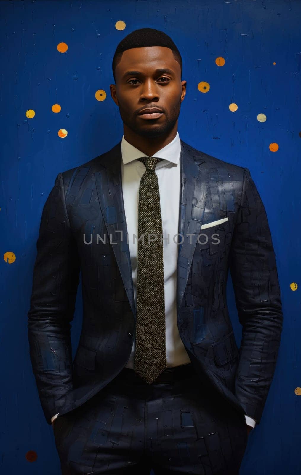 businessman from port harcourt, nigeria, standing in black suit and blue tie,.
