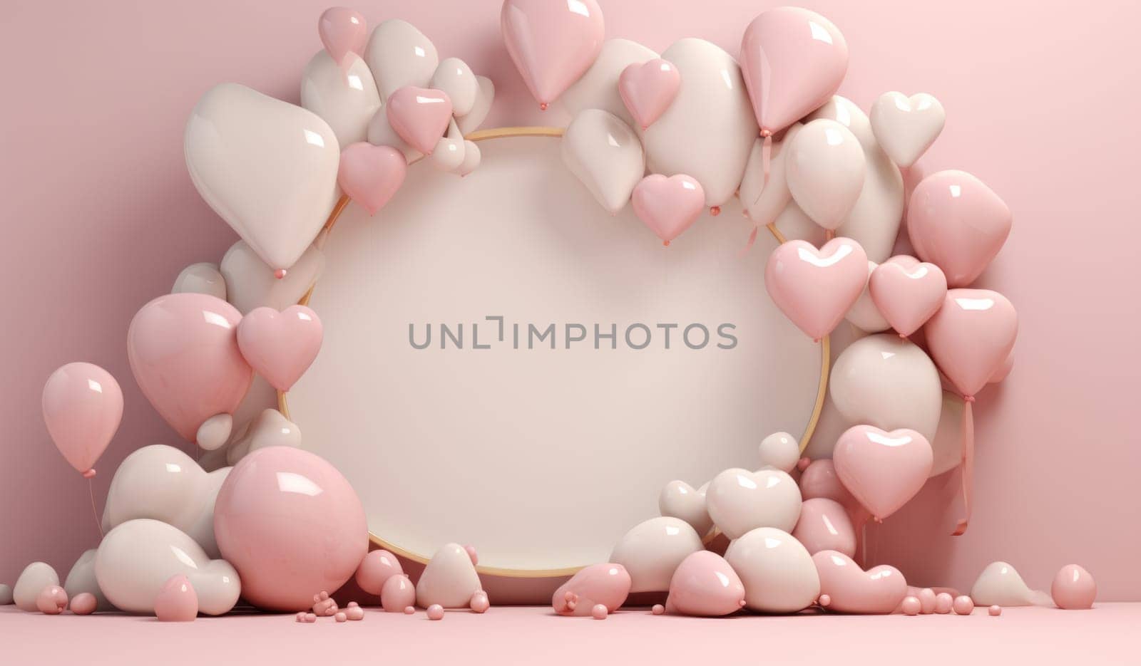 large balloons, heart frame, champagne, frame and golden paper hearts.