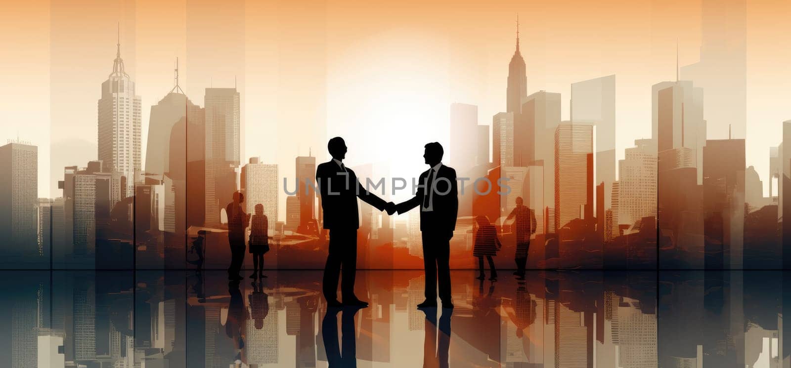 silhouetted business people shake hands in city landscape.