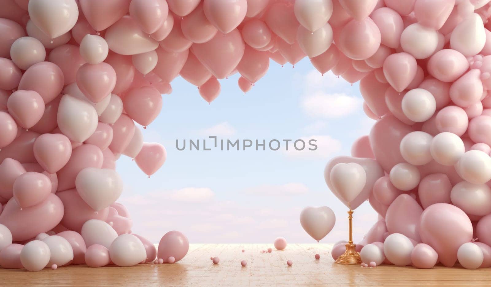 large balloons, heart frame, champagne, frame and golden paper hearts.