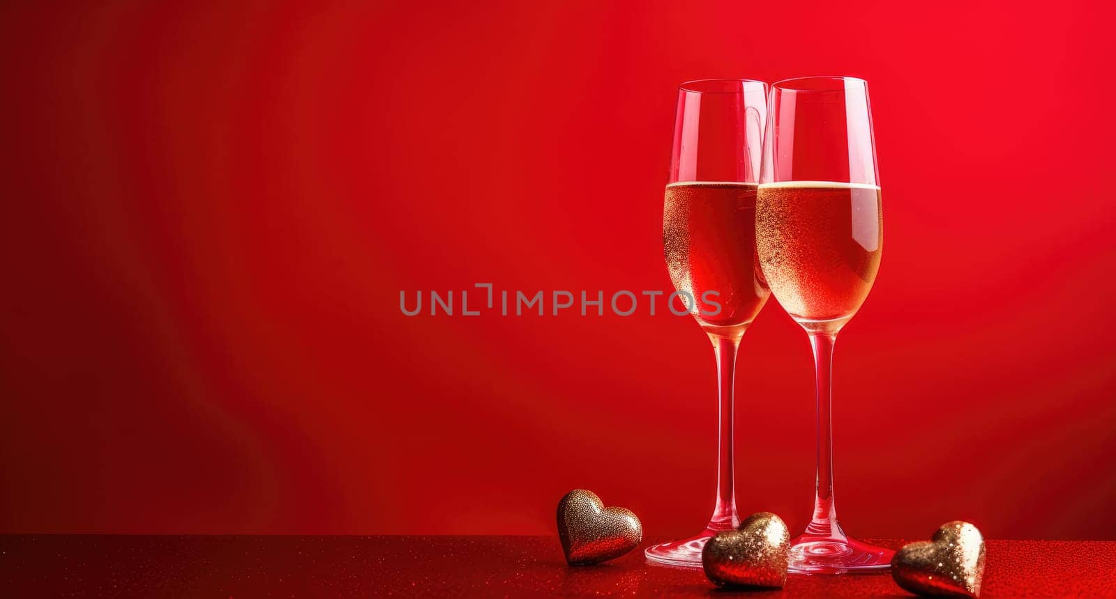 two glasses of champagne and a heart are on red background.