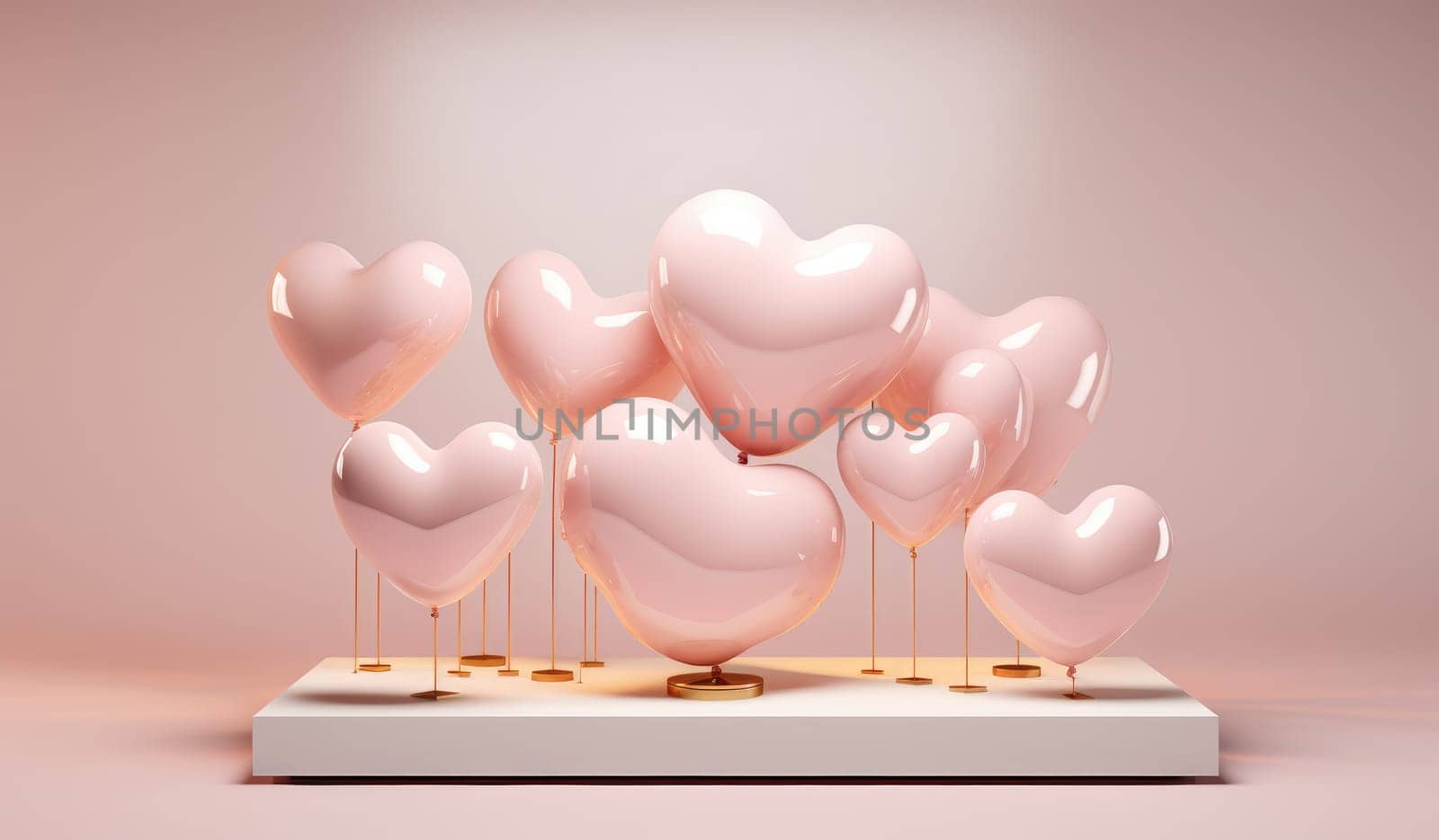 pink heart on a floating wooden plinth and hearts on balloons.