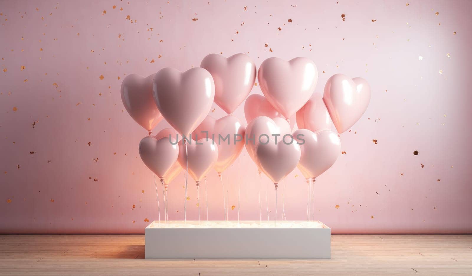 pink heart on a floating wooden plinth and hearts on balloons.