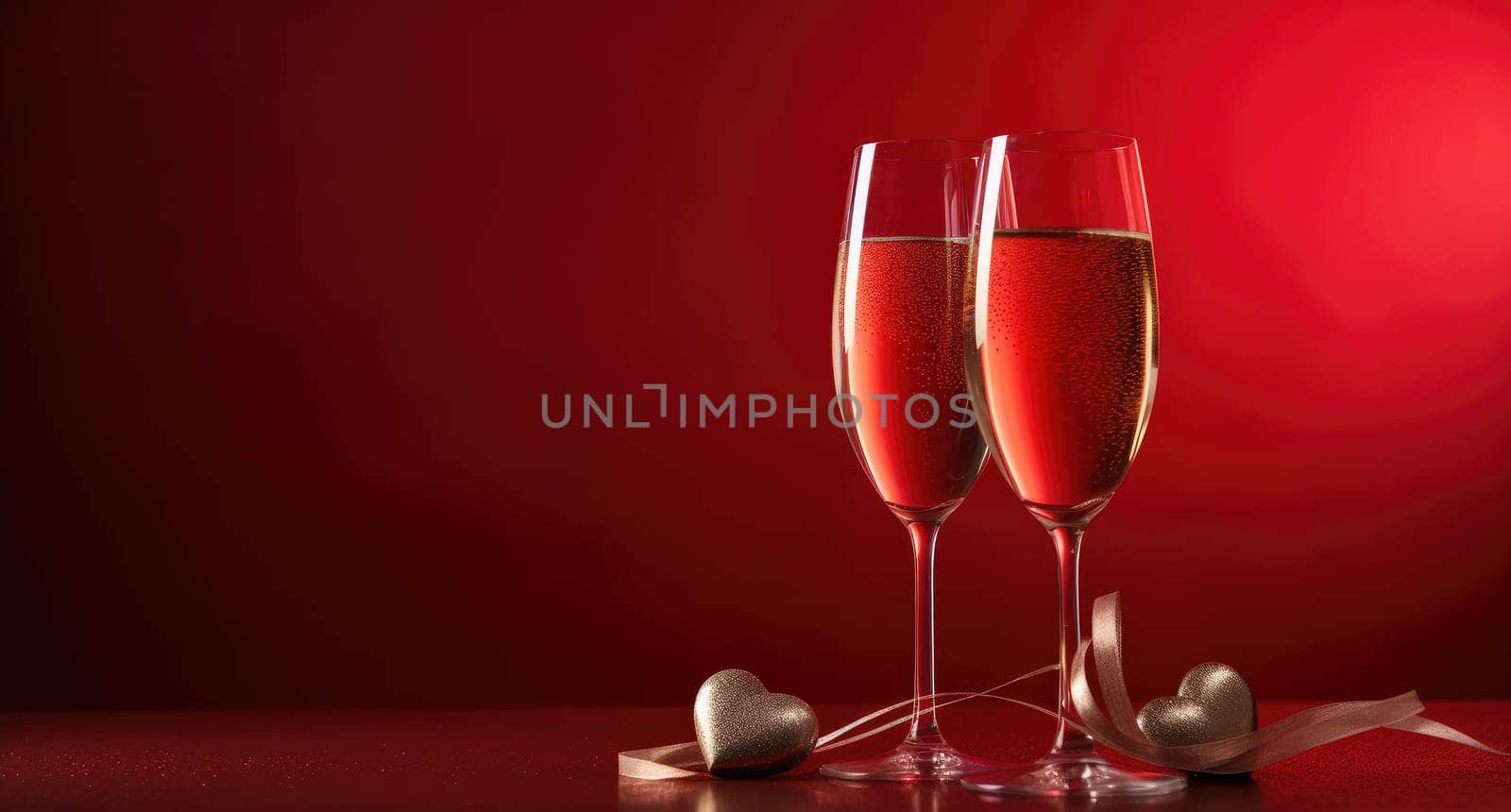 two glasses of champagne and a heart are on red background.
