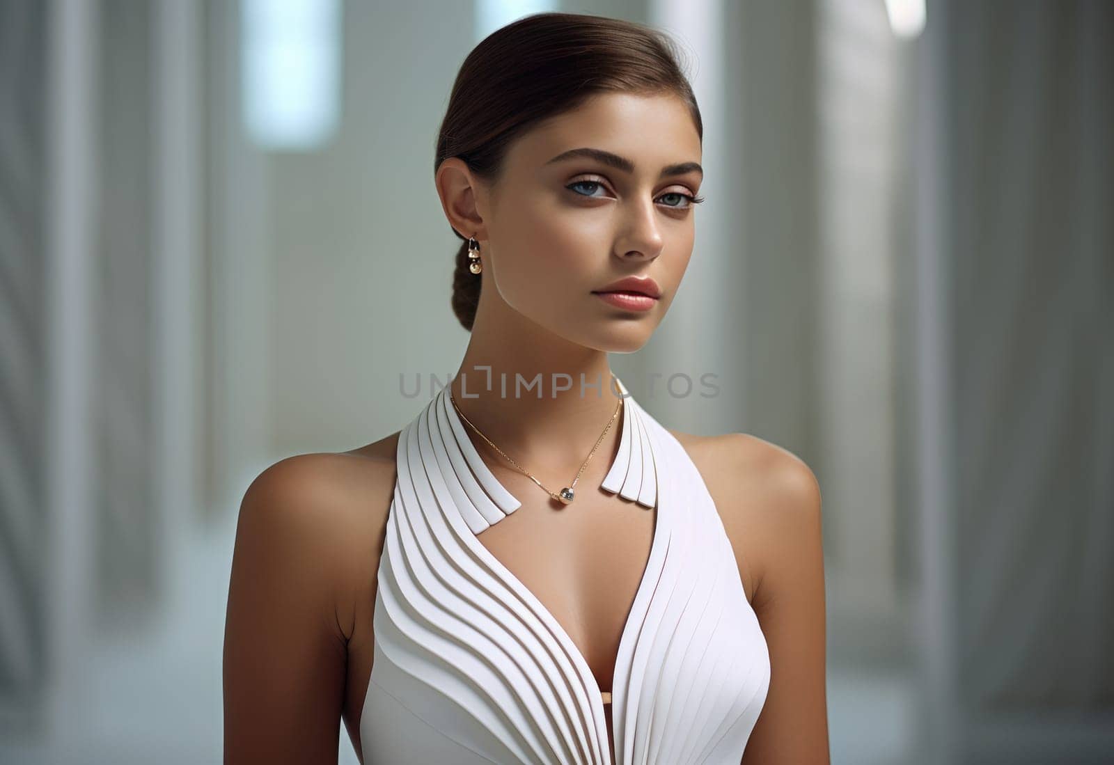 woman in a white dress with a necklace, posing for a portrait.