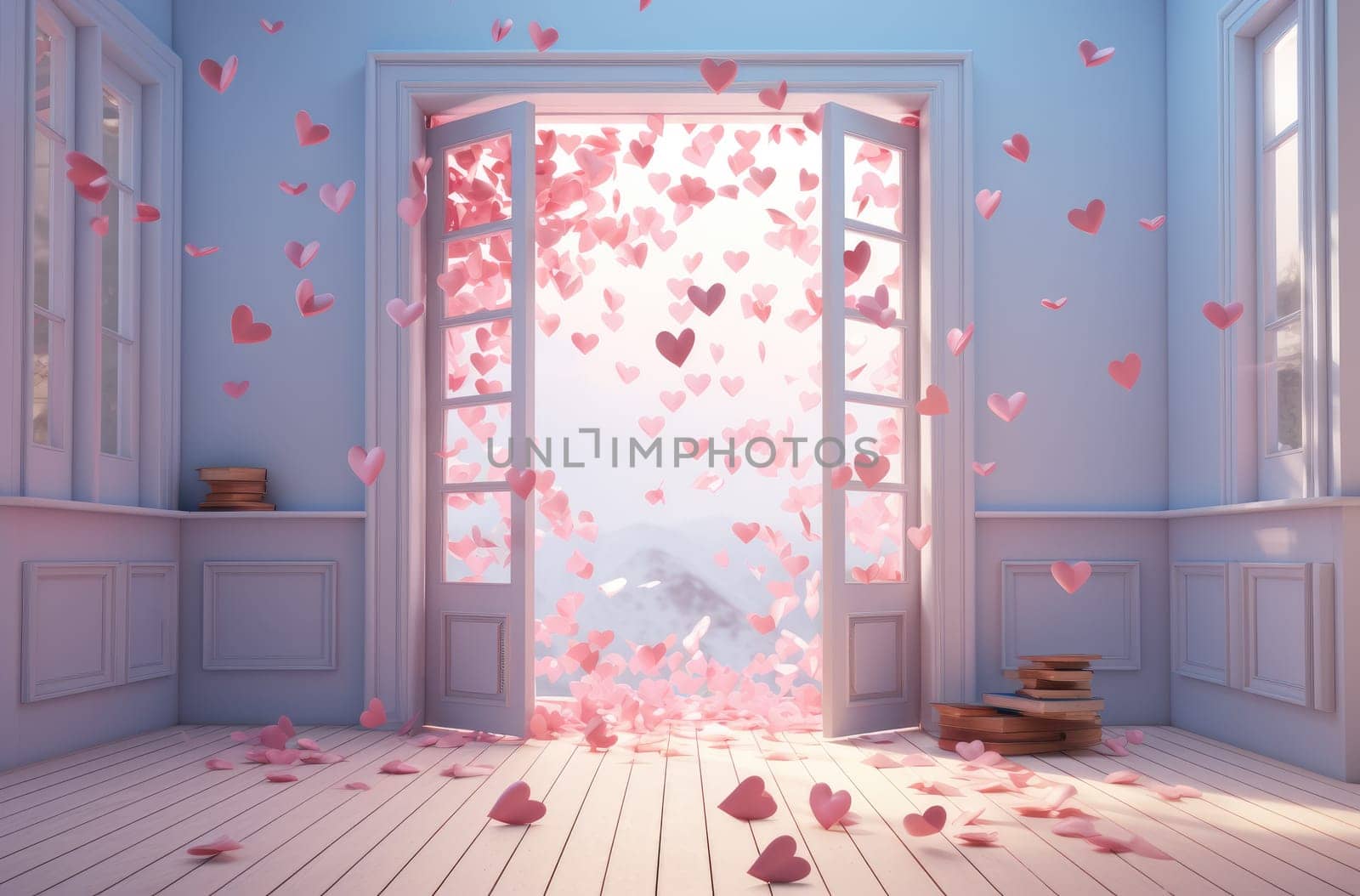 with red hearts falling from a door.