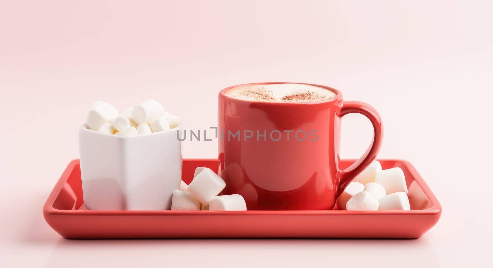 red coffee cup on a tray on a white background.