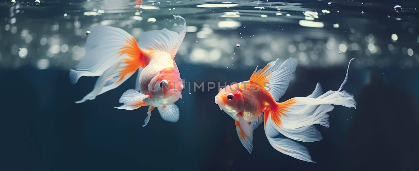 two goldfish swimming together in an aquarium.