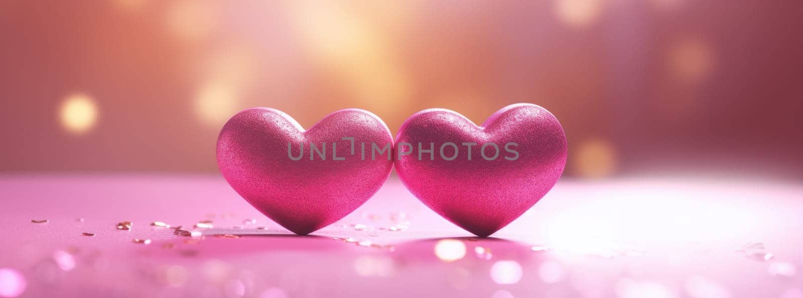 two red hearts are sitting on top of a purple abstract background.