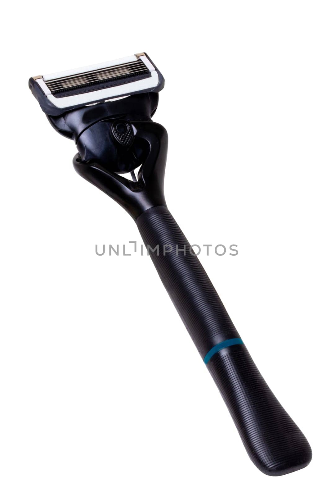 Mens razor isolated. Modern safety razor or shaving machine for mans with many blades.  Beard and hair care. Present for a man. Clipping path. Macro.