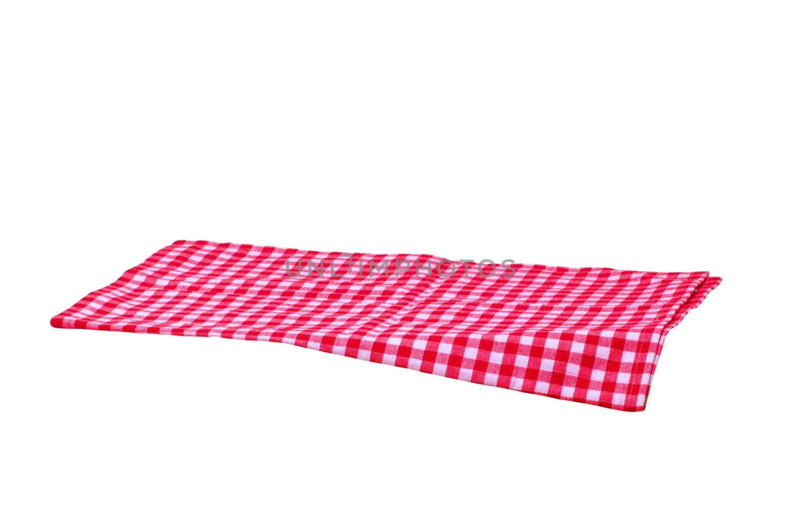 Red and white checkered napkin or tablecloth texture isolated on white background. Clipping path. Backdrop for your product placement or montage. Kitchen accessories.