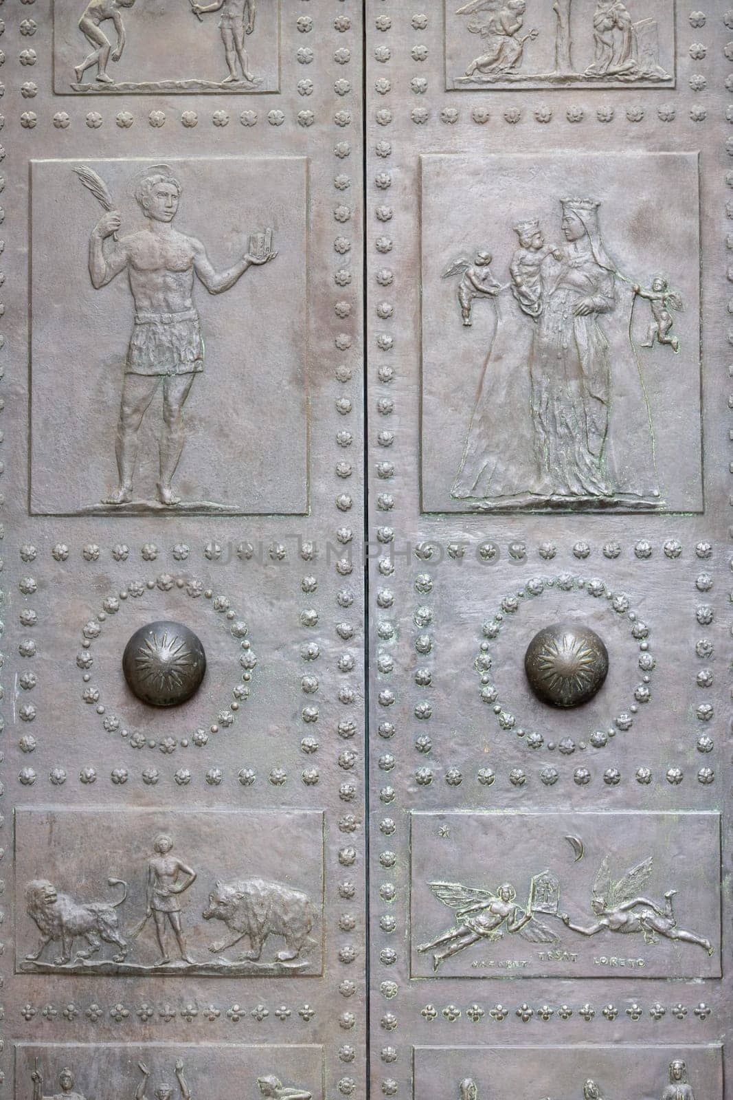 Rijeka, Croatia - September 23, 2023: Baroque St. Vitus Cathedral (Katedrala sv. Vida) also known as Rijeka Cathedral, decorative door